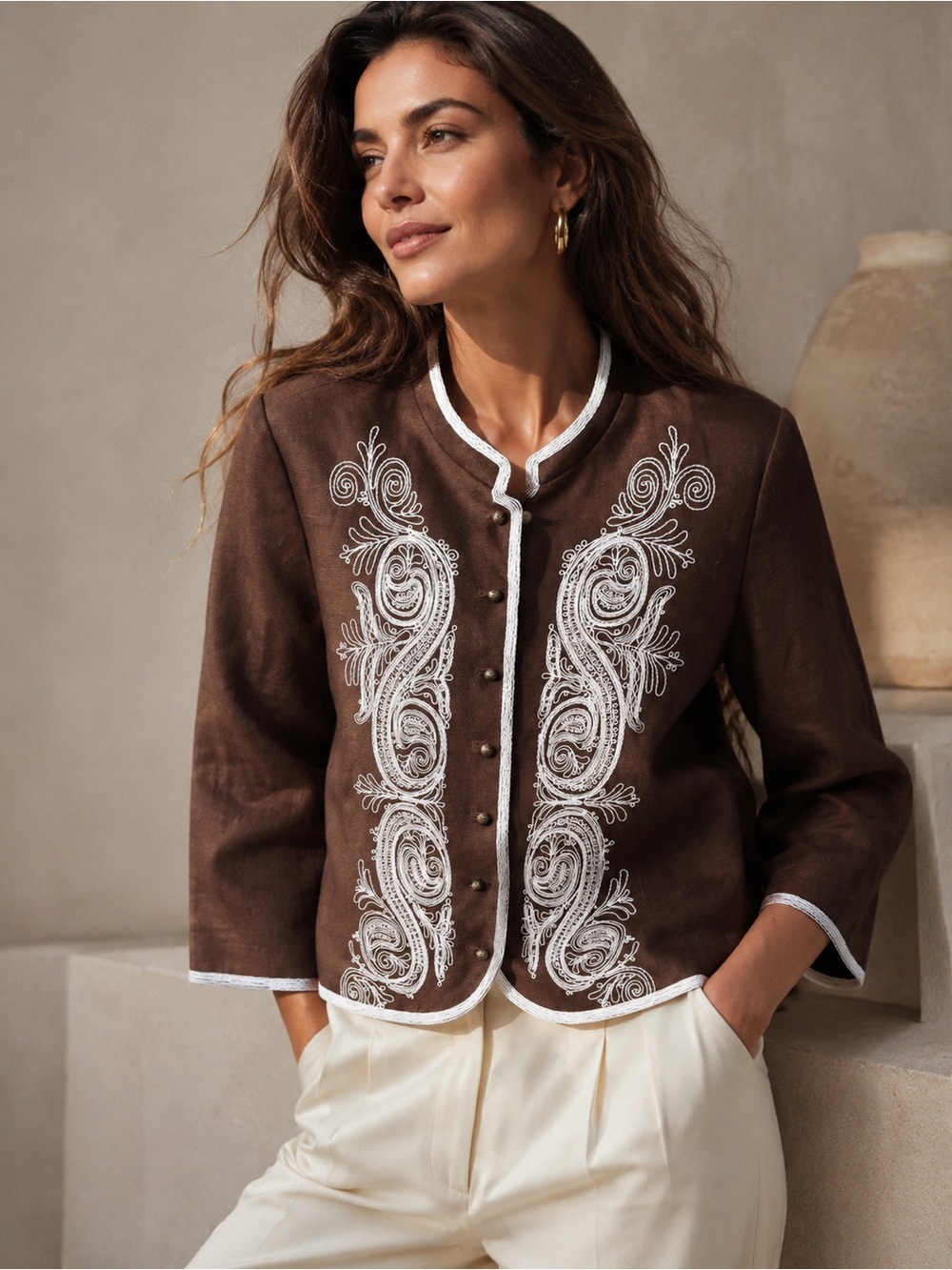 Nygard Collection Linen Embroidered Collarless Blazer